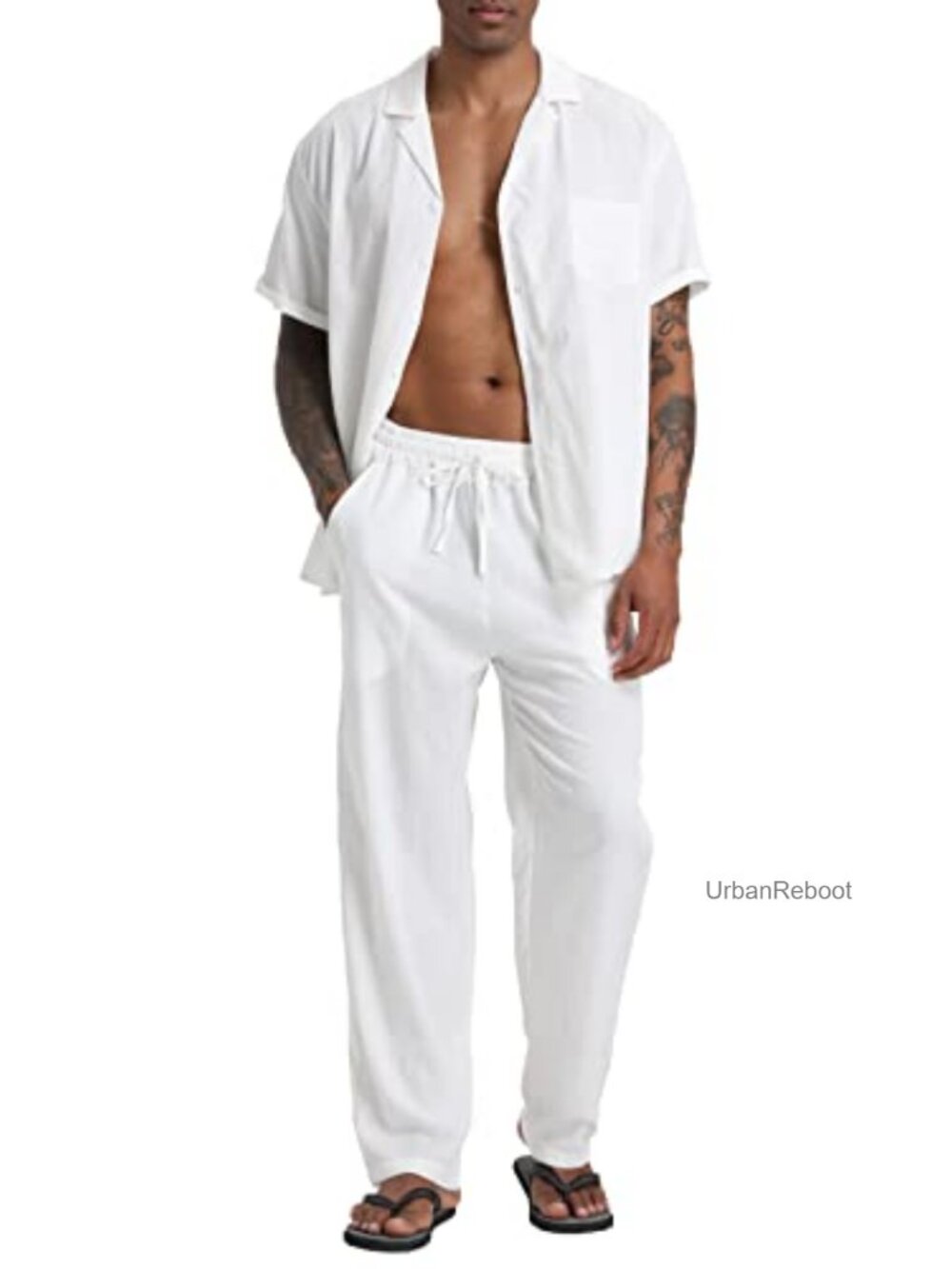 Men's Linen 2 Piece Outfit Short Sleeve Shirt & Drawstring Pants Set Summer